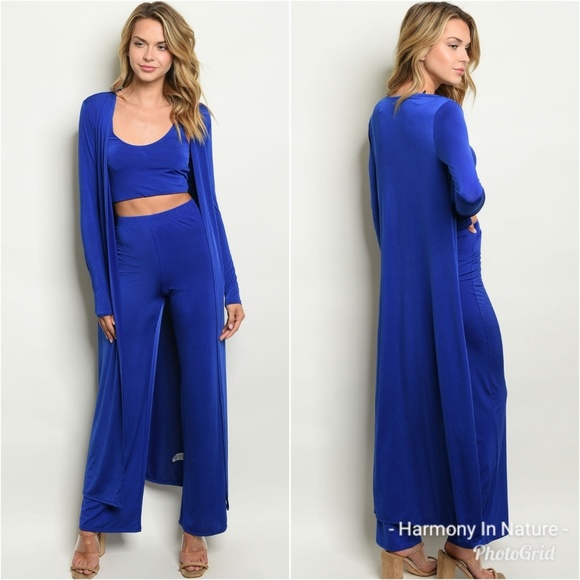 Sweaters - LAST ❤ Royal Blue 3 Piece Duster & Pants Set
